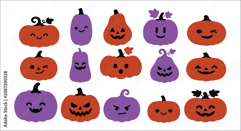 Obraz premium Assorted jack o lanterns a vector illustration with varying expressions and colors