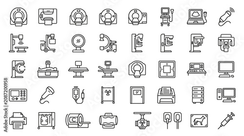 Medical Diagnostic Imaging Equipment Line Icon Set Featuring MRI CT Scan Ultrasound X Ray Mammography and Dental Scanner Vector Collection