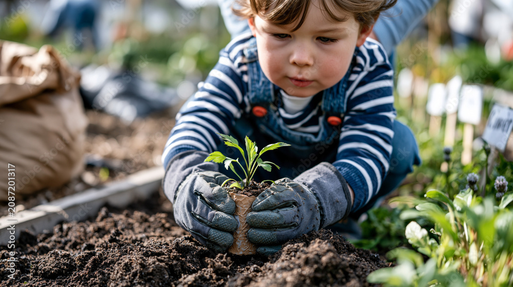 Fototapeta premium Young child in oversized gardening gloves transplanting seedling from biodegradable pot into raised bed with grandmother guiding small hands, soil bag open beside them, handwritten plant labels in c