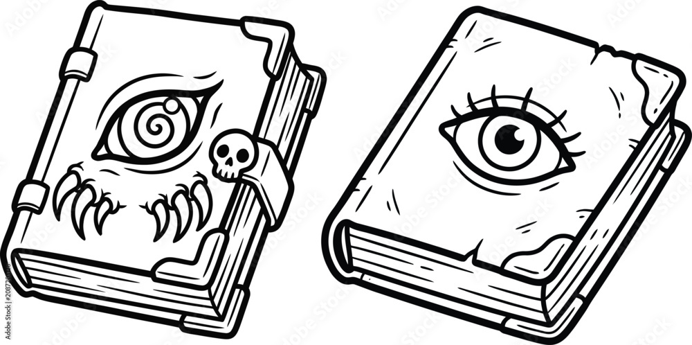 Fototapeta premium Spooky halloween book of spells with evil eyes and skull on cover