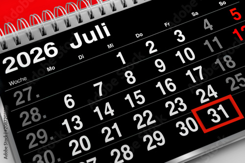 Deutscher Kalender Datum 31. Juli  2026  Freitag  schwarz rot