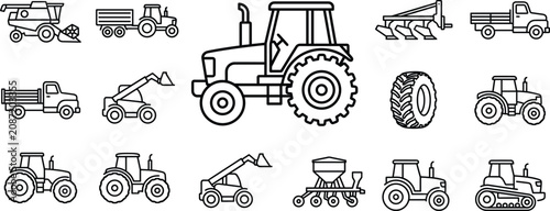 Photos Heavy agricultural machinery and farm tractor icon set with combine harvester tr