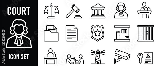 Fotografie Court and Justice Line Icon Set with Legal Judiciary and Law Symbols