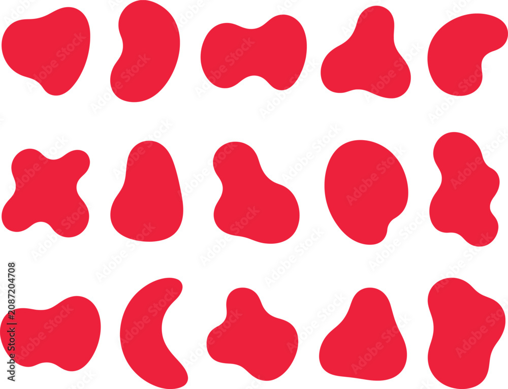 Fototapeta premium Abstract red organic blob shapes, 15 liquid amoeba vector elements, modern fluid splash silhouettes for graphic design and branding