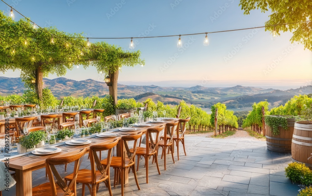 Obraz premium Elegant Vineyard Terrace with Scenic View for Luxury Events and Gatherings