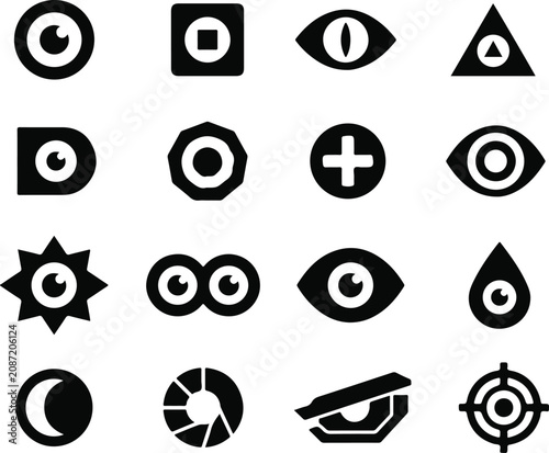 Black silhouette icon set eyes optics surveillance and geometric shapes