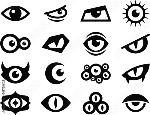 Collection of diverse black silhouette eye icons and symbols