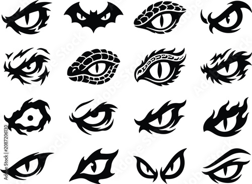 Collection of black tribal dragon and reptilian eye designs