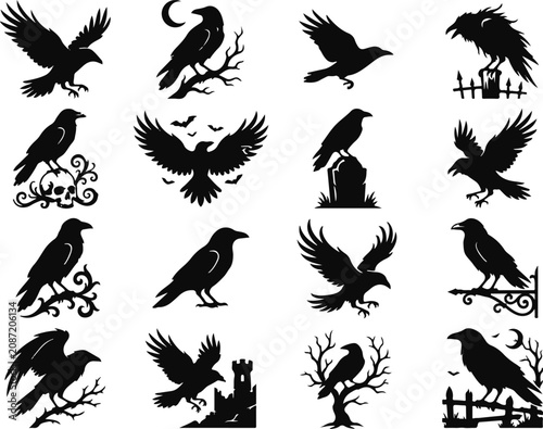 Black raven silhouettes collection for halloween and gothic design elements