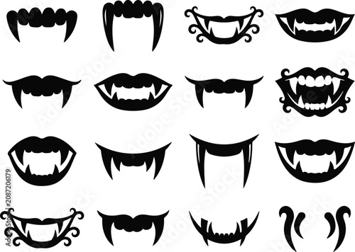 Variety of black silhouette vampire fangs and mouths collection