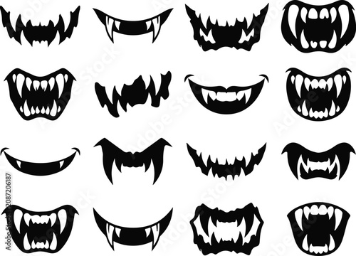 Variety of black silhouette animal mouths and fangs collection