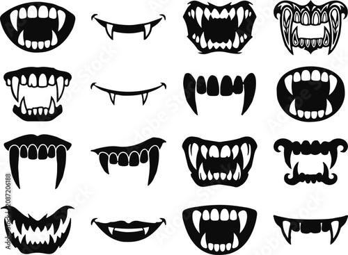 Variety of black silhouette vampire fangs and monster teeth graphics collection