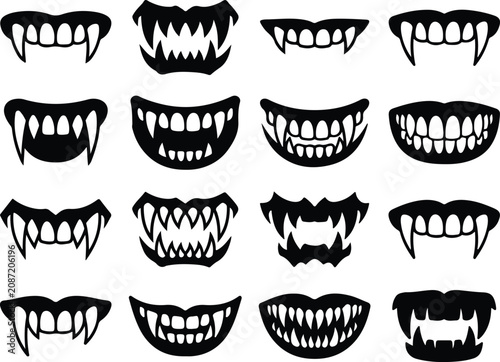 Variety of black silhouette vampire teeth and monster mouth designs collection