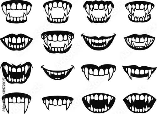 Variety of black silhouette vampire teeth and mouths graphic collection