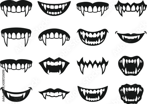 Variety of black silhouette vampire mouths and fangs collection
