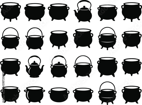 Black silhouette collection of vintage cauldrons and teapots vector illustration