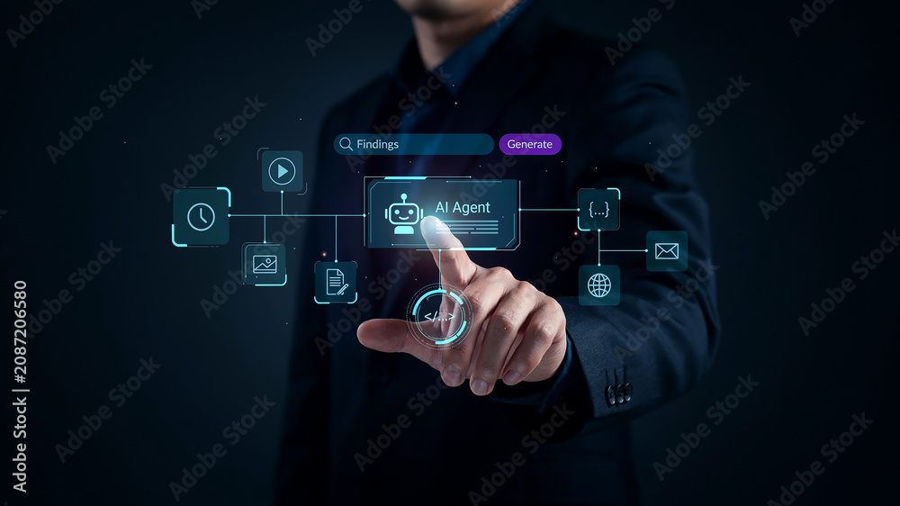 Fototapeta premium Person Interacting with AI Agent Interface Showing Search and Generate Options artificial intelligence