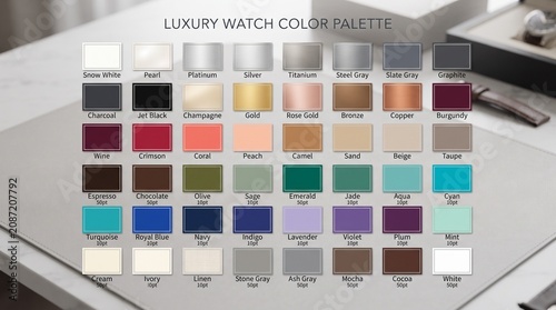 Luxury watch metal and material color palette swatch chart with swatches