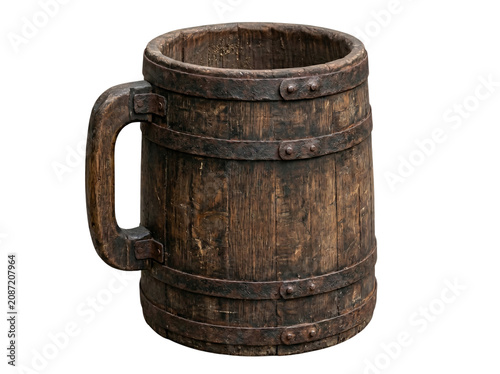 Rustic medieval style wooden tankard crafted from aged oak planks with iron bands for tavern beverage service on transparent background