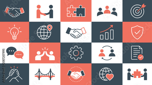 Collection of business and partnership icons in various colors.