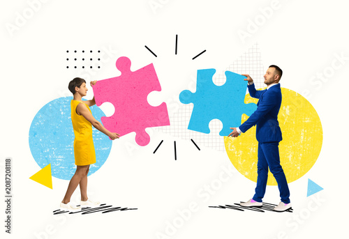 Modern conceptual collage showing two business professionals connecting puzzle pieces. Bright colors and graphic elements represent teamwork, cooperation, communication and partnership.