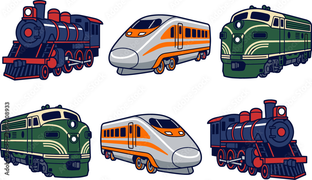 Fototapeta premium Flat Vector Illustration of Train Locomotive Collection Including Vintage Steam Engine Modern Bullet Train and Diesel Models