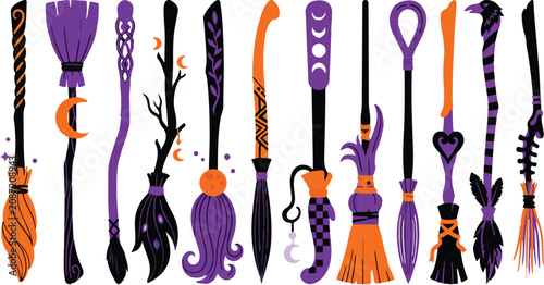 Fotografie Halloween witch brooms and wands illustration