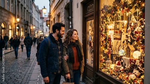 Young couple, Christmas lights, holiday shopping, festive window display