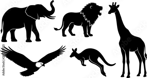 Photography Wild Animals Silhouette Set Featuring African Safari Elephant, Roaring Lion, Tal