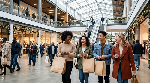 Diverse shoppers walking, carrying shopping bags, in modern mall interior, people in background