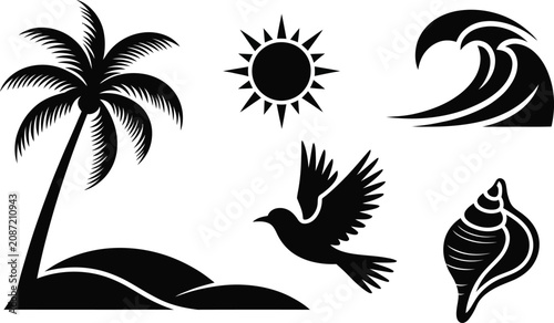 Foto Coastal vacation symbols set featuring palm tree sun sea wave bird and seashell