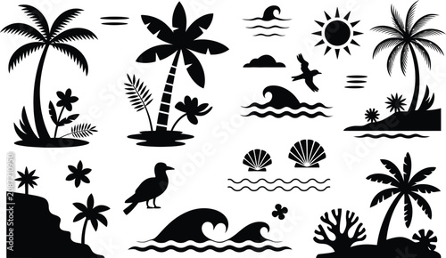 Summer beach holiday design elements set including palm trees waves bird shells sun and corals with tropical silhouette vacation seascape paradise landscape elements collection environment