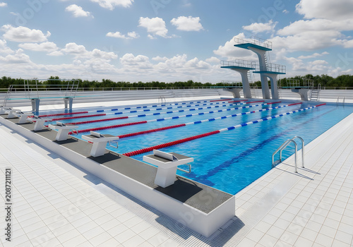 Olympic Swimming Pool with Diving Platforms and Professional Competition Lanes