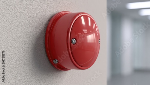 Red emergency alarm device mounted on a textured wall in a hallway