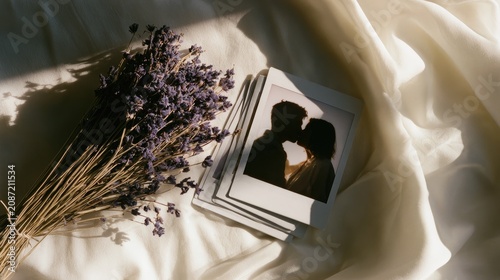 Romantic couple's instant photos on soft fabric with dried lavender