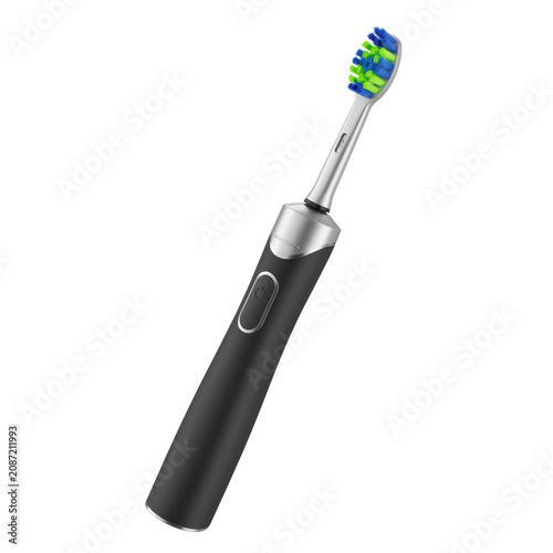 A modern electric toothbrush with an ergonomic matte black and brushed silver handle, vibrant blue and green gradient bristles, isolated on transparent, sleek oral care technology