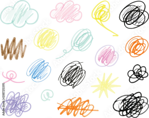 set of Colorful Doodle Scribbles Abstract Hand-Drawn Sketches Playful Childlike Marker Texture Background.