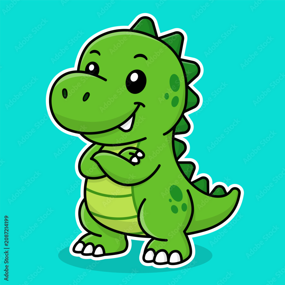 Fototapeta premium Cute Green Dinosaur Mascot Character Set Vector Illustration in Kawaii Cartoon Style for Kids Branding Design