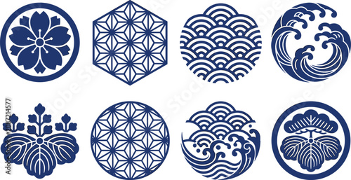 Quadro su tela Set of traditional Japanese circular patterns and decorative emblems with floral