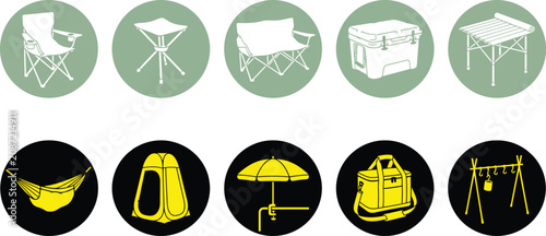 Camping equipment icons set featuring folding chairs table cooler tent hammock umbrella and picnic gear