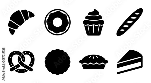 Bakery Icons: Croissant, Donut, Cupcake, Baguette, Pretzel, Pie, Cake Slice