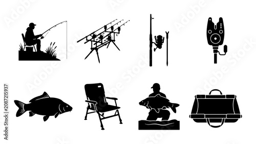 Carp Fishing Icons Set, Angler Gear & Equipment Vector Graphics