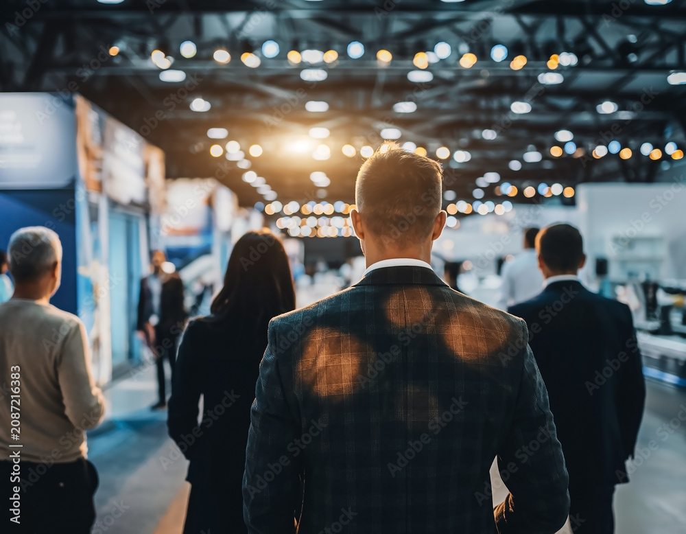 Fototapeta premium Business professionals networking and exploring exhibition stands during a corporate trade fair. Modern event concept focused on innovation, partnerships and commercial opportunities.