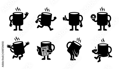 Εκτύπωση καμβά Animated Coffee Mug Characters, Set of 8 Vector Icons, Hot Beverage Fun