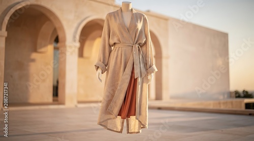 Elegant beige abaya with intricate details, showcasing traditional Middle Eastern fashion against a backdrop of classic architecture at sunset.