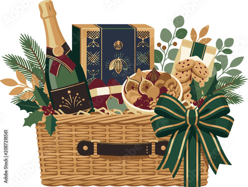 Festive christmas gift basket with champagne, luxury treats, and decorative foliage.