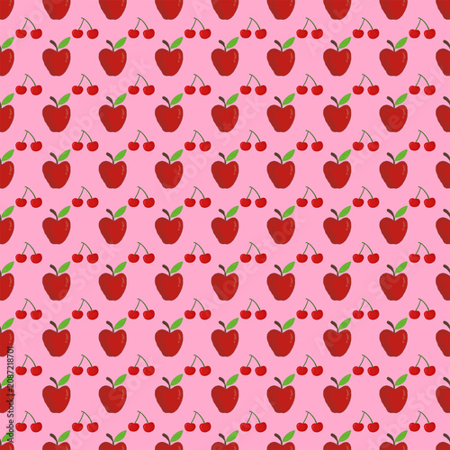 pink background with hand drawn apples and cherries seamless pattern