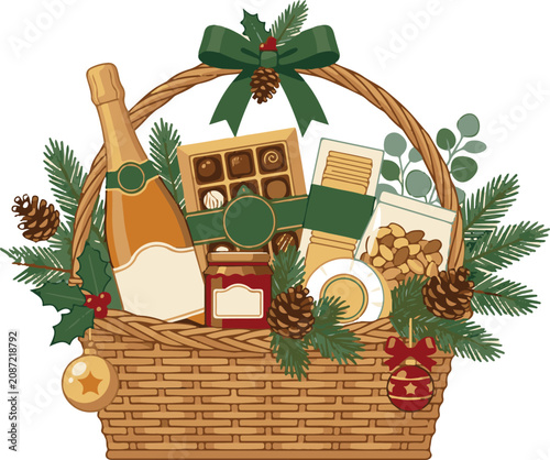 Christmas gift basket with champagne, chocolates, crackers, nuts, jam, and festive decorations.