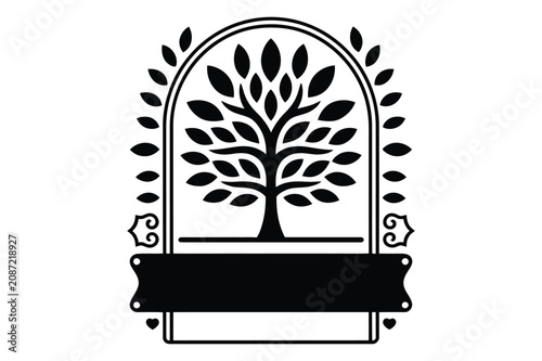 Black tree logo emblem icon with horizontal banner for text placement, environment
