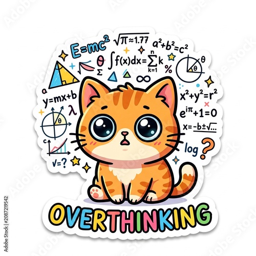 Funny Overthinking Cartoon Cat Sticker with Text